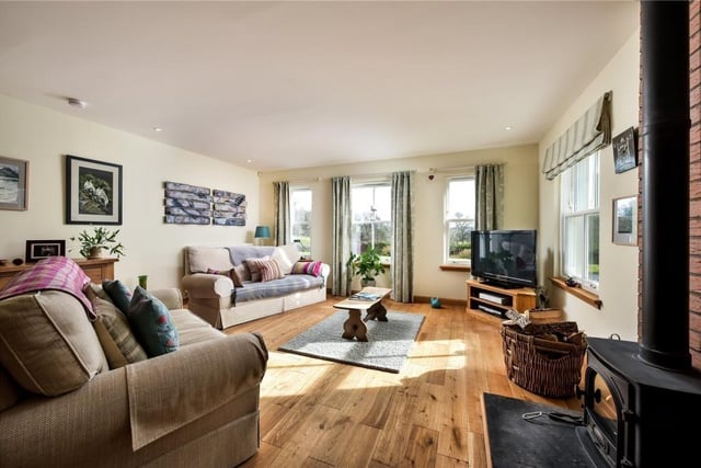 Living room with wood burning stove.