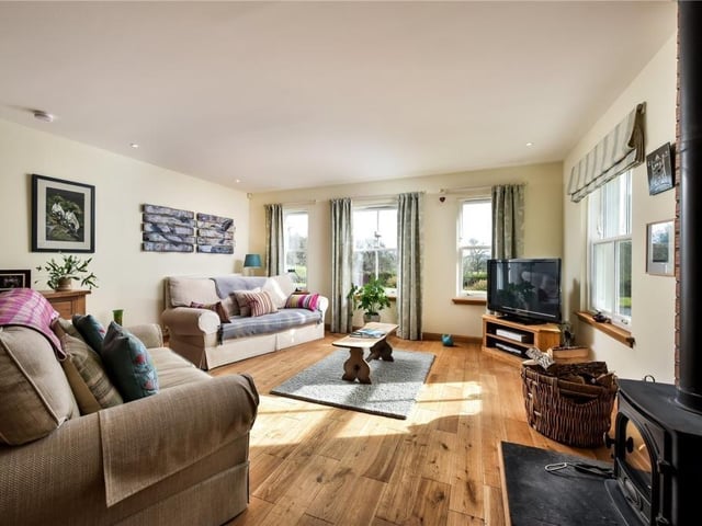 Living room with wood burning stove.