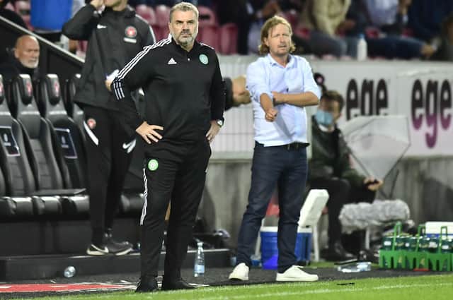 Ange Postecoglou watches on as Celtic lost to Midtjylland in Denmark.