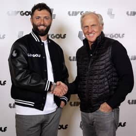 Two-time major winner Jon Rahm shakes on his big-money deal with LIV Golf CEO and Commissioner Greg Norman. Picture: LIV Golf