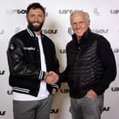 Two-time major winner Jon Rahm shakes on his big-money deal with LIV Golf CEO and Commissioner Greg Norman. Picture: LIV Golf