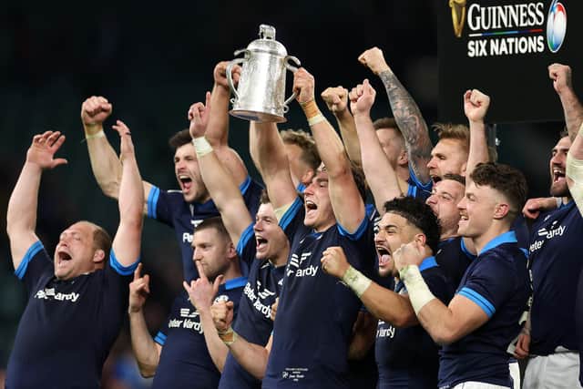 Jamie Ritchie of Scotland lifts the Calcutta Cup last year.