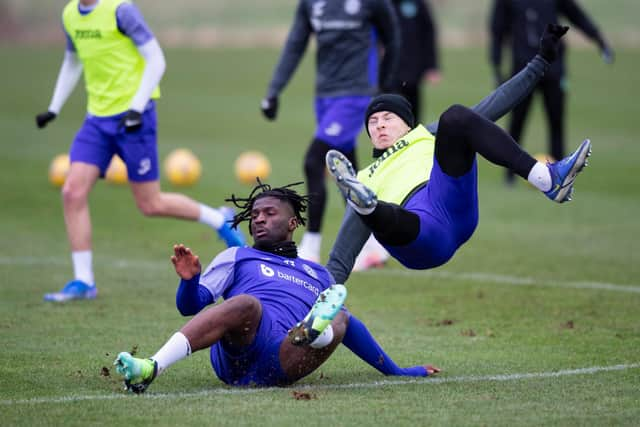 New defender Rocku Bushiri makes his presence felt in Hibs training.