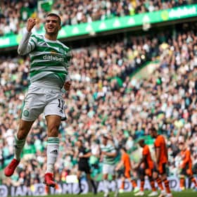 Liel Abada celebrates after scoring after giving Celtic a lead they could only hold for three minutes in the 1-1 draw at home to Dundee United. (Photo by Craig Williamson / SNS Group)