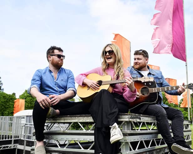 Musicians David Foley, Josie Duncan and Cammy Barnes launch The Reeling festival in Rouken Glen Park. Picture: John Devlin