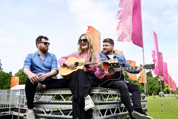 Musicians David Foley, Josie Duncan and Cammy Barnes launch The Reeling festival in Rouken Glen Park. Picture: John Devlin