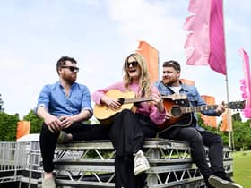 Musicians David Foley, Josie Duncan and Cammy Barnes launch The Reeling festival in Rouken Glen Park. Picture: John Devlin