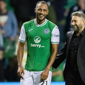 Hibs manager Lee Johnson with goalscorer Jordan Obita after the 3-1 win over Luzern. (Photo by Ross Parker / SNS Group)