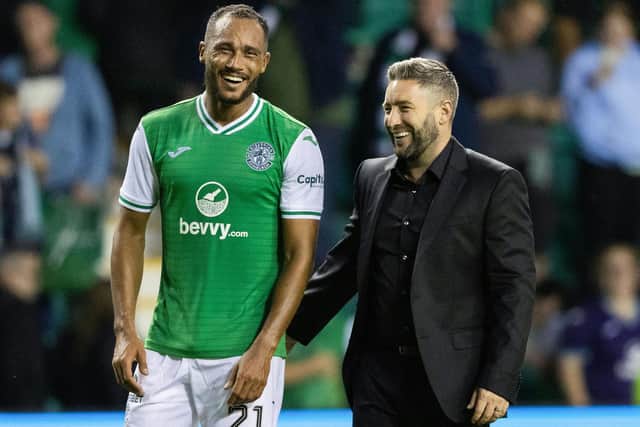 Hibs manager Lee Johnson with goalscorer Jordan Obita after the 3-1 win over Luzern. (Photo by Ross Parker / SNS Group)
