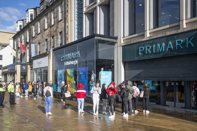 People queue outside the huge Primark store on Princes Street in Edinburgh after it reopened following the initial spring lockdown. Picture: Jane Barlow/PA Wire