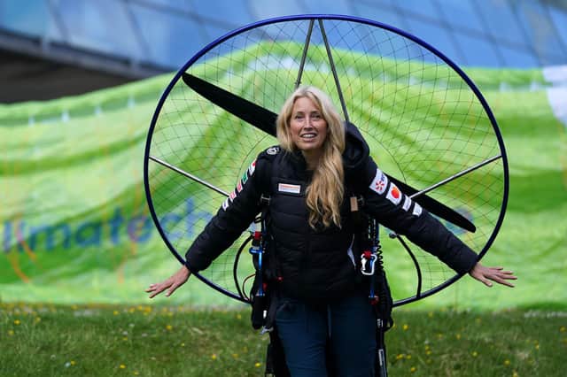 Paramotorist Sacha Dench with her adapted electric paramotor at Glasgow Science Centre.