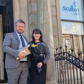 Head of Road Traffic & Criminal Law Kris Buchanan with Stephanie Grieve, Associate Director outside Scullion LAW's Hamilton Office