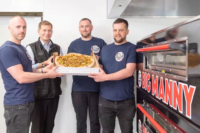 From left: Phillip Adams, Simon Cowie, Ashley Adams and Calum Wright at the second Big Mannys’ Pizza site near Pittodrie Stadium. Picture: Michal Wachucik/Abermedia.