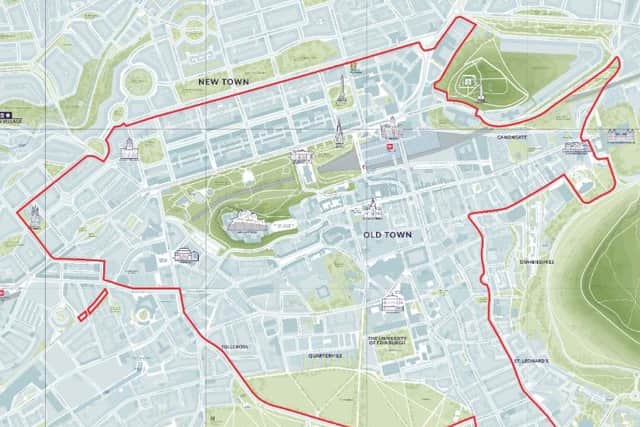 This map shows the boundary of Edinburgh's LEZ, which will be monitored by at least 17 static cameras and a mobile 'spotter' van. Picture: City of Edinburgh Council