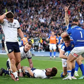 Stephen Varney of Italy celebrates scoring his team's third try in the Six Nations win over Scotland. (Photo by Giampiero Sposito/Getty Images)