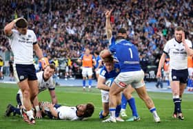 Stephen Varney of Italy celebrates scoring his team's third try in the Six Nations win over Scotland. (Photo by Giampiero Sposito/Getty Images)