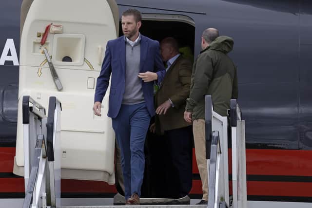 Eric Trump, son of former US President Donald Trump disembarks "Trump Force One" at Aberdeen Airport