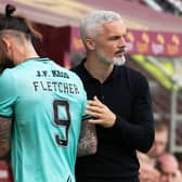 Dundee Utd's Steven Fletcher shakes hands with manager Jim Goodwin after being substituted in the 3-2 defeat to Motherwell that confirmed the club's relegation. (Photo by Craig Foy / SNS Group)