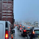 Traffic at a standstill on the M62 motorway near Kirklees, West Yorkshire, due to heavy snow in the area. Picture date: Friday March 10, 2023.