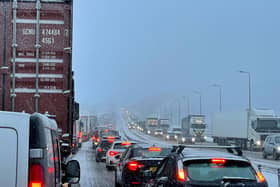 Traffic at a standstill on the M62 motorway near Kirklees, West Yorkshire, due to heavy snow in the area. Picture date: Friday March 10, 2023.