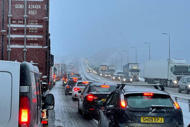 Traffic at a standstill on the M62 motorway near Kirklees, West Yorkshire, due to heavy snow in the area. Picture date: Friday March 10, 2023.