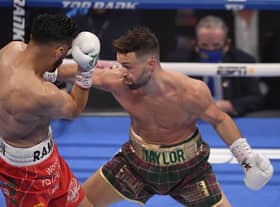 Josh Taylor takes the fight to Jose Ramirez in Las Vegas. Picture: David Becker/Getty Images