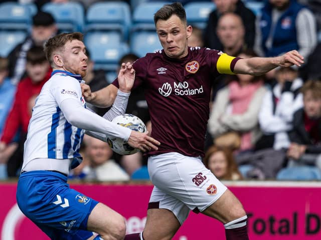 Hearts' Lawrence Shankland claims for a handball against Kilmarnock's Stuart Findlay during the cinch Premiership match at Rugby Park, on April 27, 2024, in Kilmarnock, Scotland.  (Photo by Craig Foy / SNS Group)