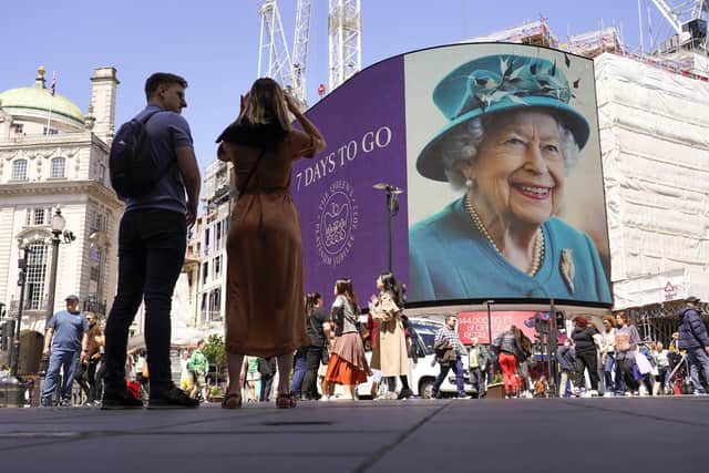 A screen in Piccadilly Circus as it displays a 7 day countdown to the Queen's Platinum Jubilee.