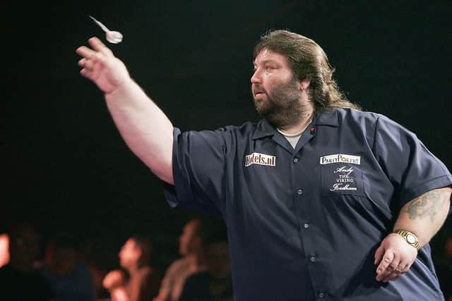 Andy Fordham in action during the Showdown match against Phil Taylor at The Circus Tavern in Purfleet in 2004. Picture: Christopher Lee/Getty Images