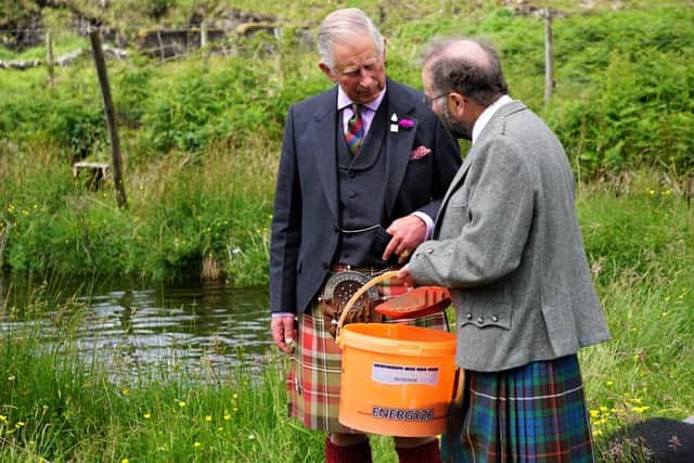 Biologist and salmon expert Bob Kindness, seen here with Prince Charles, has been working on the River Carron for more than two decades, studying the fish, documenting how populations are faring and instigating an innovative captive breeding programme