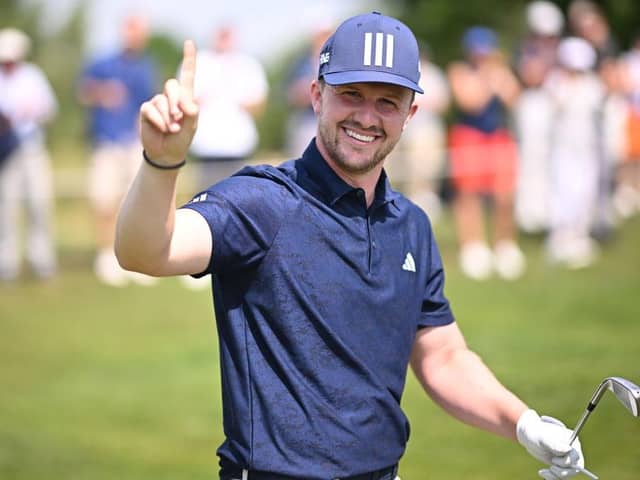 Connor Syme celebrates his hole in one on the second hole during day three of the BMW International Open at Golfclub Munchen Eichenried in Germany. Picture: Stuart Franklin/Getty Images.