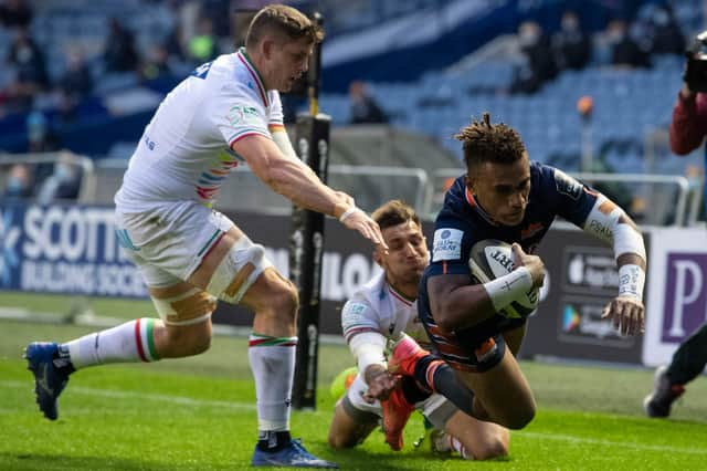 Eroni Sau scores Edinburgh's first try in the Rainbow Cup win over Zebre at BT Murrayfield. Picture: Ross Parker/SNS