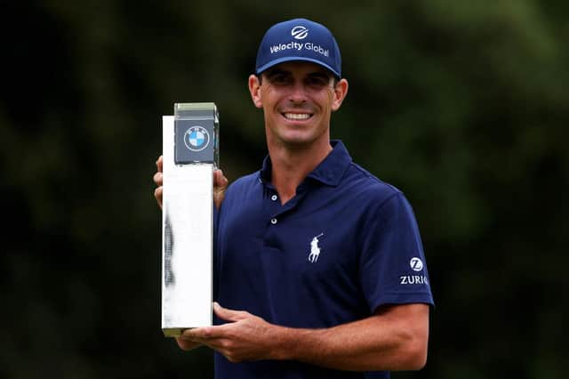 Billy Horschel shows off the BMW PGA Championship trophy after his win at Wentworth. Picture: Richard Heathcote/Getty Images.