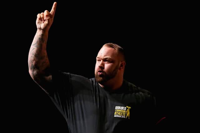 Thor Bjornsson celebrates winning the Arnold Classic Professional Strongman competition during the 2016 Arnold Classic in 2016. Photo: Quinn Rooney/Getty Images.