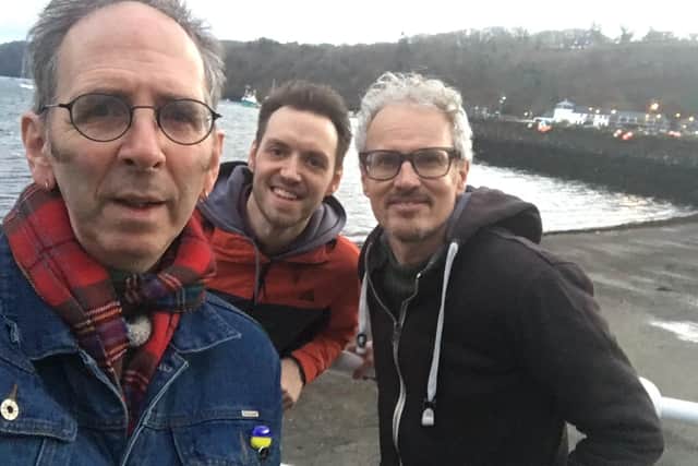 Gordon MacIean (left), who engineered the new Mull Historical Society album, Andy Samson, the drummer, Colin MacIntyre. Pic: Contributed