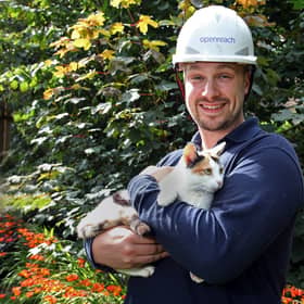Tia the cat, which sneaked into Openreach engineer Doug Craig's van as he loaded up in Oban, Argyll and Bute, early one morning, and hid in the back for the three-hour ferry crossing to Arinagour on Coll in the Inner Hebrides. Photo: Openreach/PA Wire