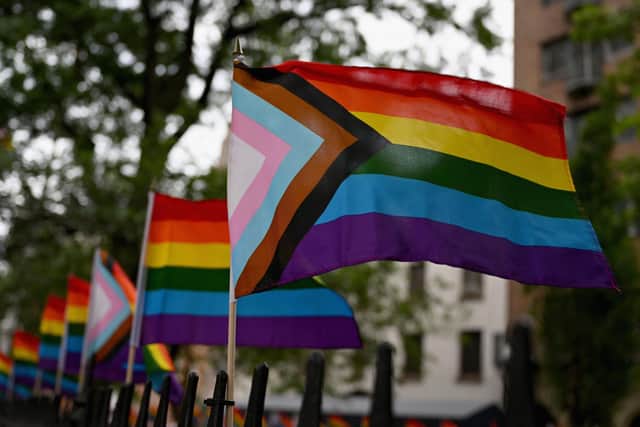 The New Pride Flag which integrates the Trans Pride Flag along with a black and brown stripe for People of Colour. Vic Valentine argues that gender, and who you are, is not all about stereotypes that everyone would better off without. PIC: Getty
(Photo by ANGELA WEISS/AFP via Getty Images)