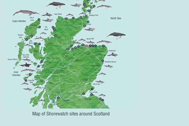 This maps shows the locations where Shorewatch spotters have been stationed – more people are being encouraged to take part in the project
