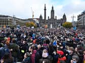 The mass climate change rally in Glasgow on Friday. Between 50,000 and 100,000 are expected to protest in the city today. PIC: John Devlin/TSPL.