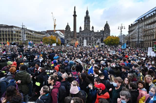 The mass climate change rally in Glasgow on Friday. Between 50,000 and 100,000 are expected to protest in the city today. PIC: John Devlin/TSPL.