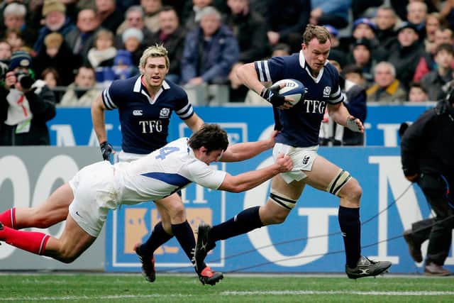 Stuart Grimes on a rampaging run for Scotland against France during the 2005 Six Nations in Paris. Picture: Richard Heathcote/Getty Images