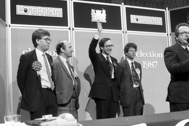 Conservative MP and Secretary of State for Scotland Malcolm Rifkind waves to supporters, retaining the Edinburgh Pentlands seat when the General Election votes come in at Meadowbank stadium in June 1987.