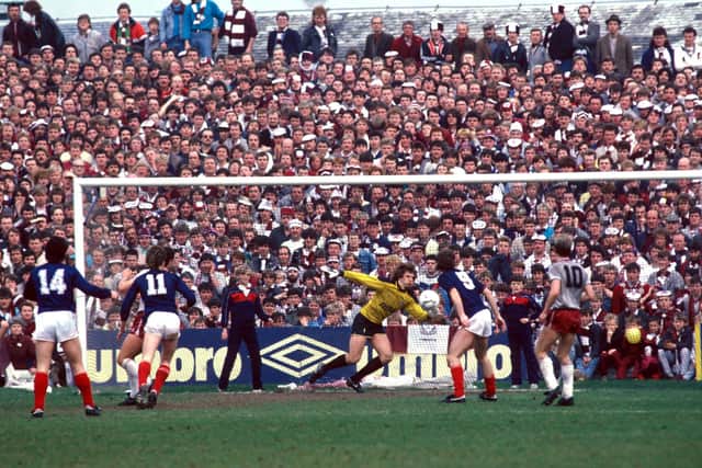 Dundee's Albert Kidd scores his second goal in the famous 2-0 win over Hearts in May 1986 that denied the Tynecastle men the title and sent it Celtic's way. The Australia-based former striker met with Ange Postecoglou last week and the Parkeahd club's manager reveals his old associate from his homeland isn't the only Dens Park player that afternoon who lays a claim to being pivotal to the most extraordinary title turnaround. (Photo by SNS Group).