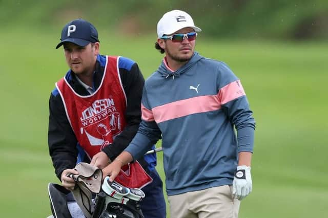 Ewen Ferguson prepares to play his second shot at the first hole in the third round of the Jonsson Workwear Open at The Club at Steyn City in South Africa. Picture: Warren Little/Getty Images.