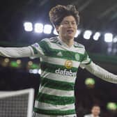 Celtic's Kyogo Furuhashi celebrates after making it 2-0 over St Mirren. (Photo by Ross MacDonald / SNS Group)
