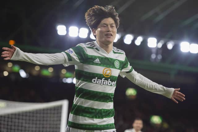 Celtic's Kyogo Furuhashi celebrates after making it 2-0 over St Mirren. (Photo by Ross MacDonald / SNS Group)