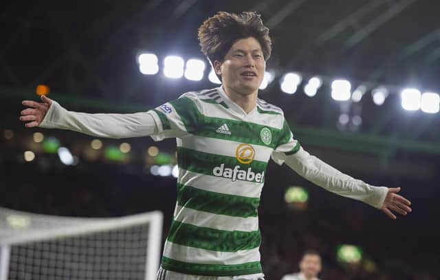 Celtic's Kyogo Furuhashi celebrates after making it 2-0 over St Mirren. (Photo by Ross MacDonald / SNS Group)
