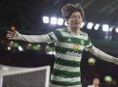 Celtic's Kyogo Furuhashi celebrates after making it 2-0 over St Mirren. (Photo by Ross MacDonald / SNS Group)