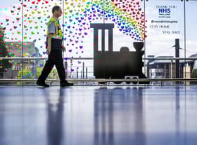 ScotRail staff at Edinburgh's Haymarket Station have decorated a window in tribute to the NHS as Scotland goes back into lockdown to help curb the spread of the coronavirus. Picture: Jane Barlow/PA Wire