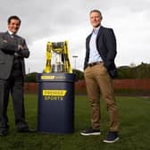 Tosh McKinlay (L) and Stephen Craigan are pictured as the draw is made for the first round of the 2021/22 Premier Sports Cup. (Photo by Alan Harvey / SNS Group)